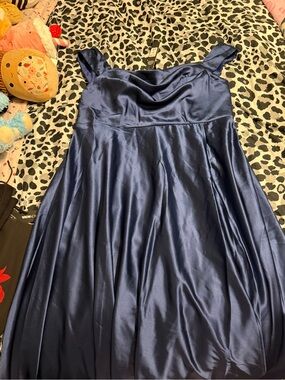 Fashion Nova Navy Satin Dress with Cowl Detail